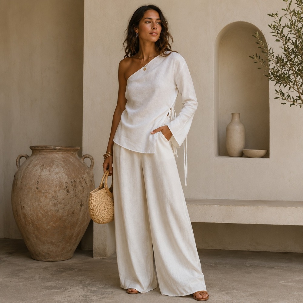 Le Godet Cali One Shoulder Top Women's S White Asymmetric Minimalist Coastal